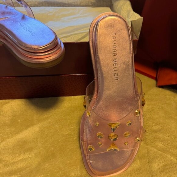 Tamara Mellon Leather Metallic Pink Slides 7M - Picture 2 of 6